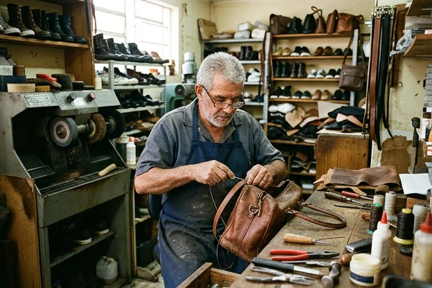 Sapateiro reformando uma bolsa de couro, mostrando o processo de restauração.