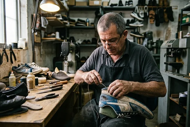 Sapateiro consertando um tênis, mostrando as ferramentas utilizadas.