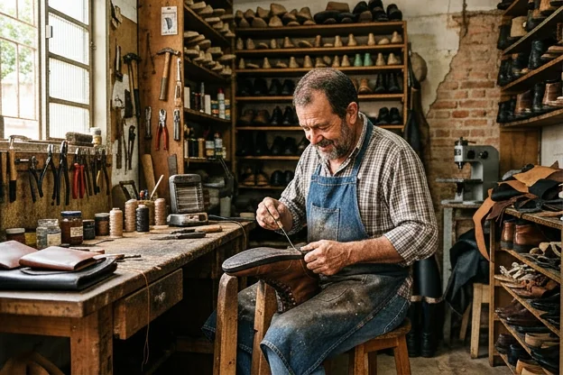 Sapateiro realizando um trabalho meticuloso, mostrando seu empenho e dedicação.