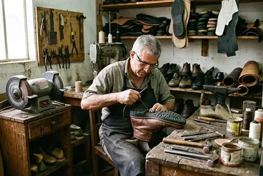 Sapateiro realizando a troca de solado de um sapato com ferramentas adequadas.