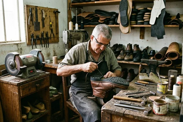 Sapateiro realizando a troca de solado de um sapato com ferramentas adequadas.