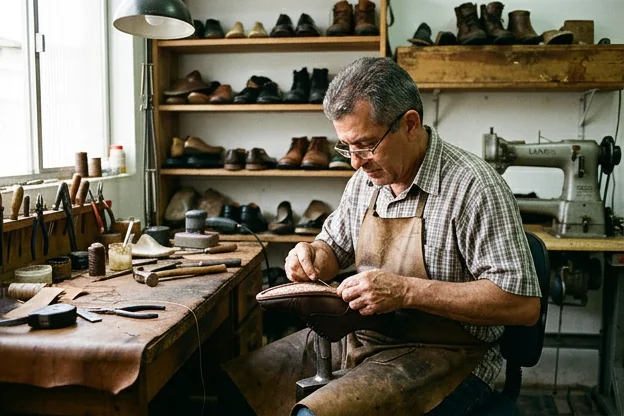 Sapateiro reformando um sapato social, mostrando detalhes de melhorias.