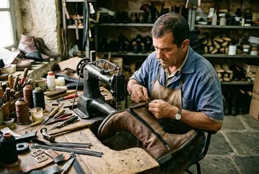 Sapateiro consertando o zíper de uma bota, mostrando o processo.
