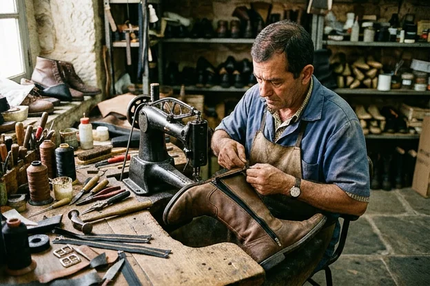 Sapateiro consertando o zíper de uma bota, mostrando o processo.